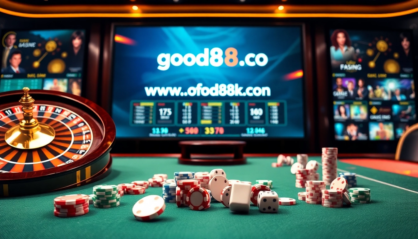 Experience luxurious online gaming at https://good88k.co/ with spinning roulette and vibrant poker chips.
