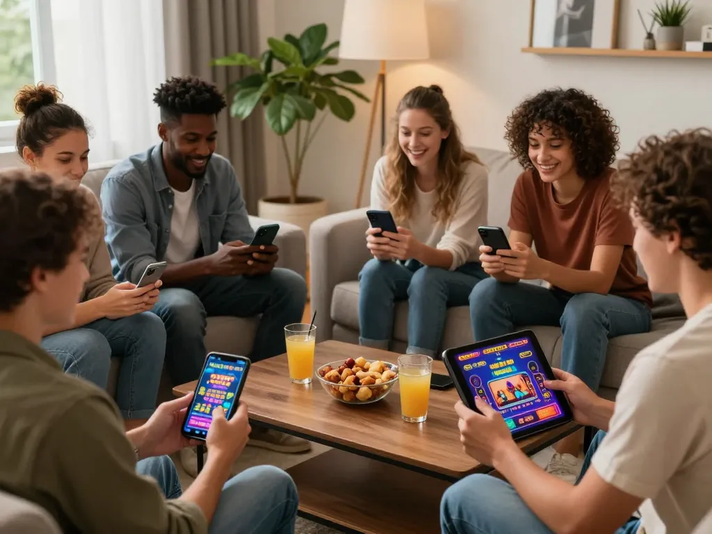 Friends enjoying a lively gaming night with South African Online Casinos on smartphones and tablets.
