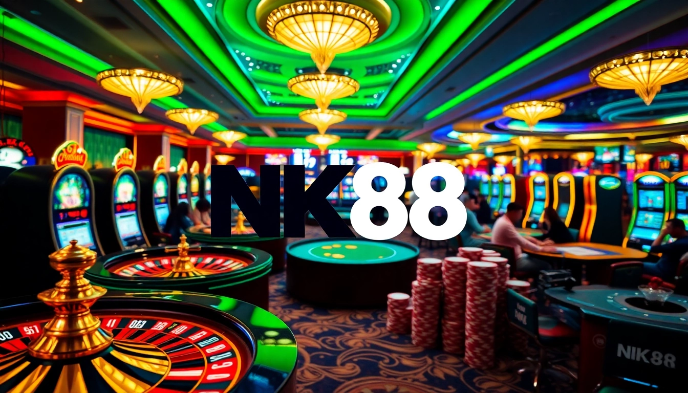 Engaging scene showcasing NK88 with vibrant casino elements like roulette wheels and slot machines.