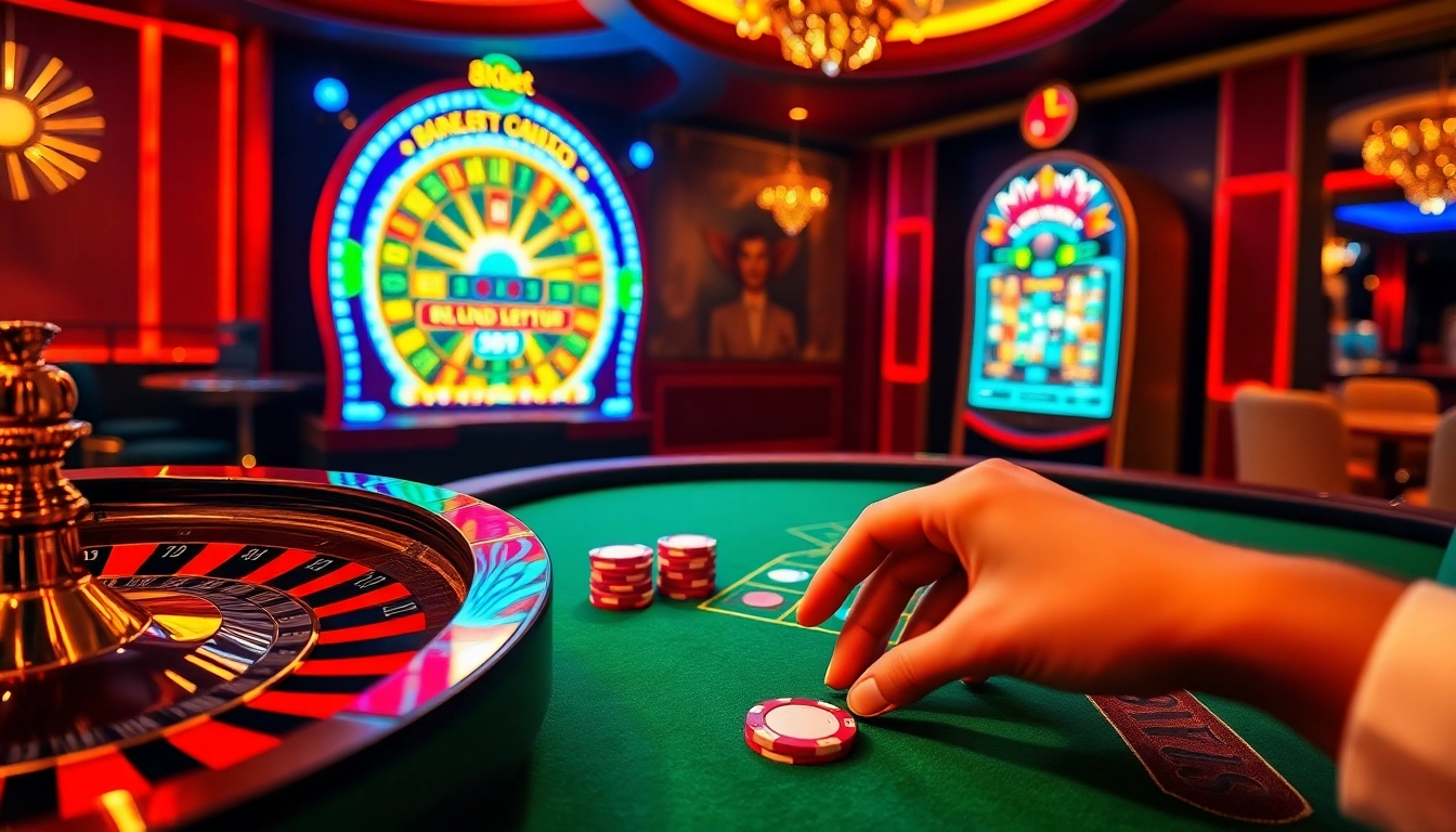 8kbet action at a luxurious casino table with poker chips and a roulette wheel.