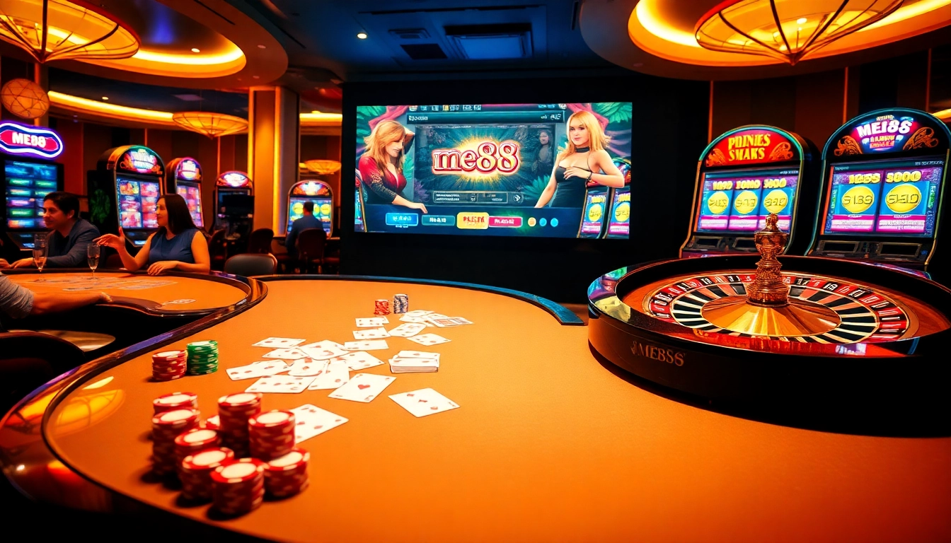 Engage in thrilling games at me88 casino featuring a luxurious atmosphere and vibrant gambling action.