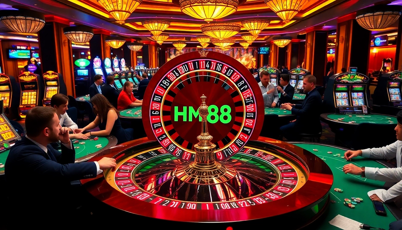 Players enjoy a high-stakes game at HM88's luxurious casino with vibrant roulette and poker tables.