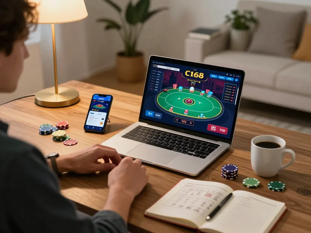 Player enjoying C168 online gaming at home, engaging with poker game on laptop