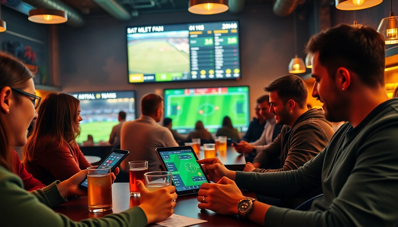 Exciting football betting scene featuring real-time kèo nhà cái odds in a lively sports bar setting.