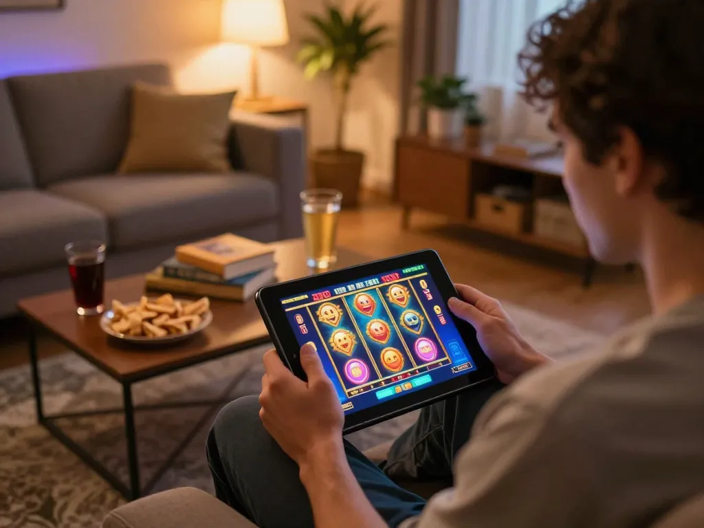 Player engaging in exciting slot games at FC88 online casino on tablet in cozy home setting