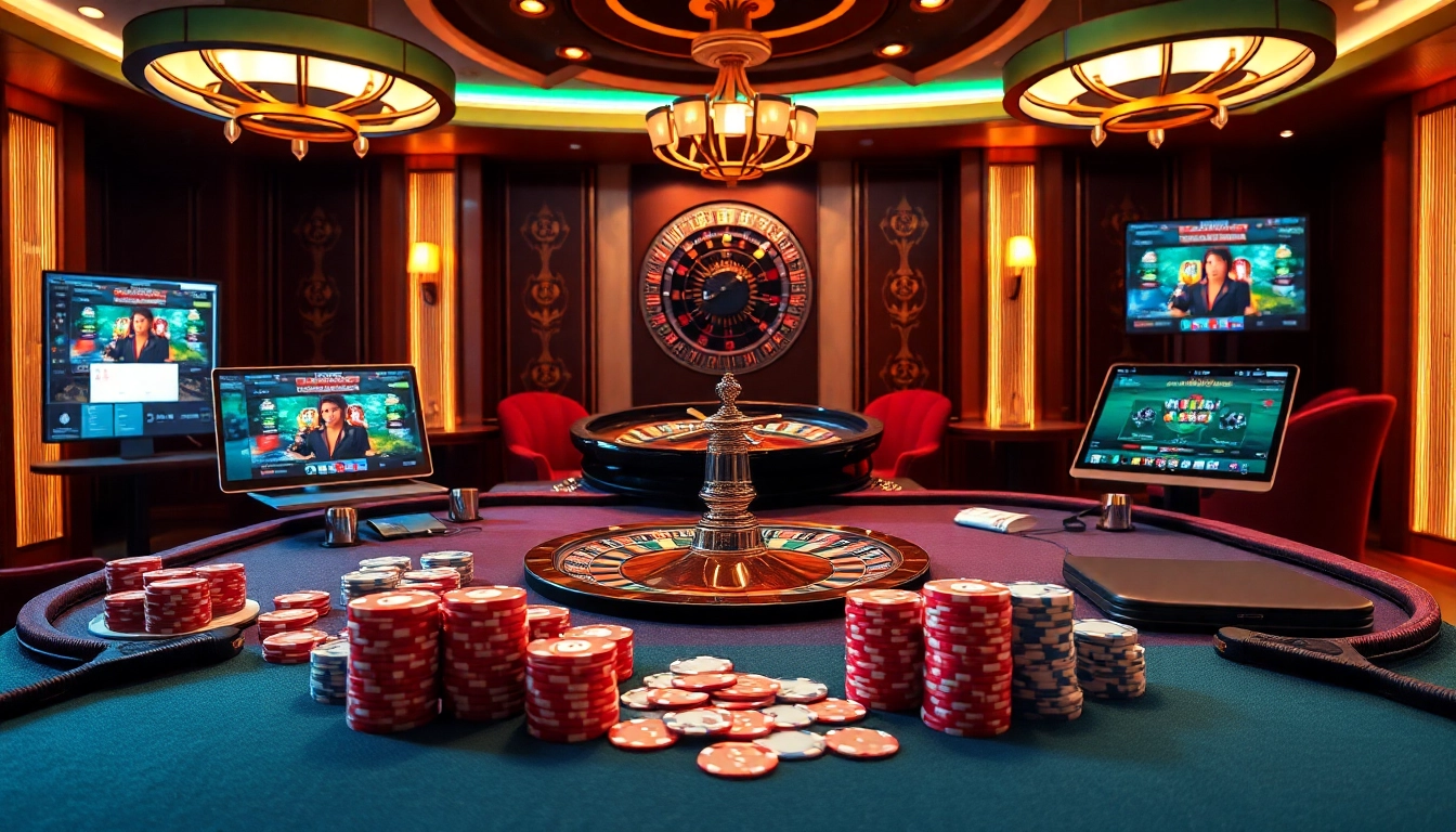 Engaging gambling scene illustrating poker action at nhacaiuytinvn.us.com with vibrant chips and cards.