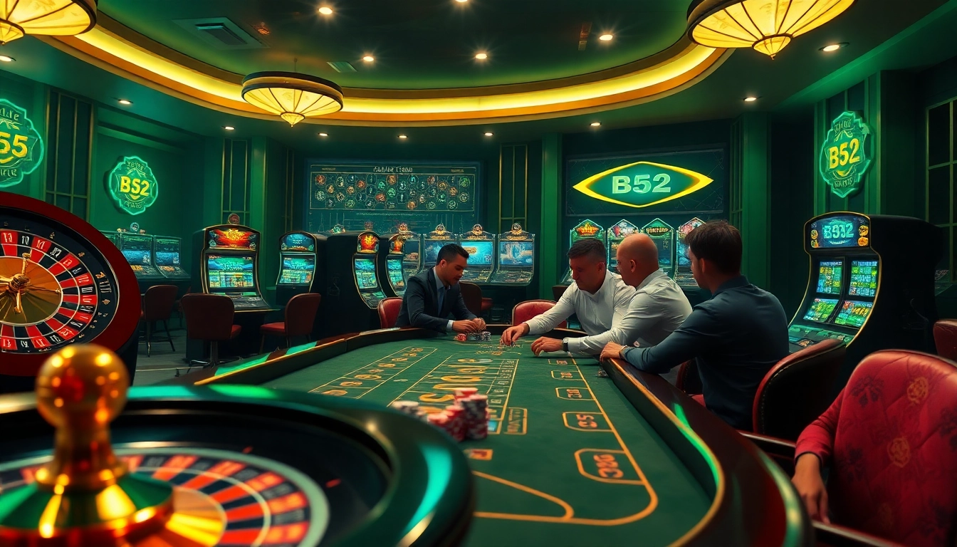 B52 online casino scene showcasing dynamic gameplay with poker chips and roulette wheels.
