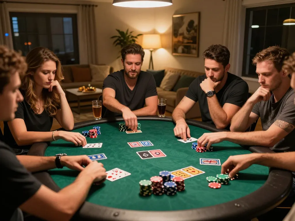 kk win at a lively poker game night with friends, showcasing action and excitement in a cozy setting