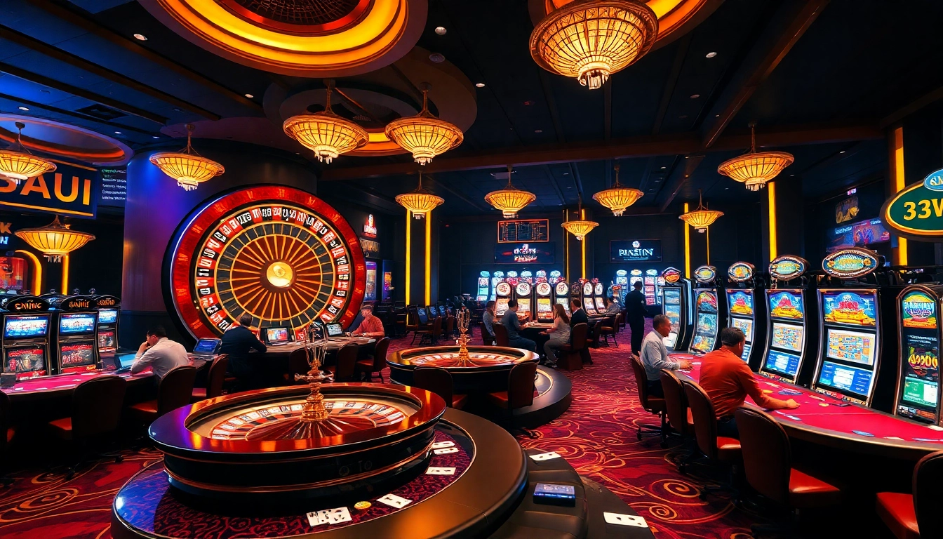 Experience the thrill of high-stakes gambling at 33WIN casino, featuring exciting roulette tables and vibrant slot machines.