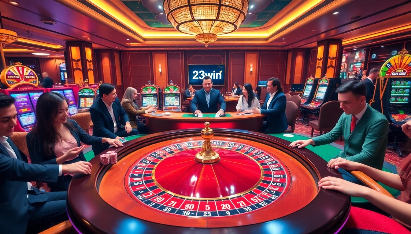 Exciting gaming action at 23win casino with roulette, poker chips, and lively players.