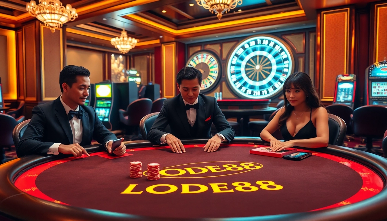 Experience the thrill of LODE88 at a luxurious casino poker table with excited players.