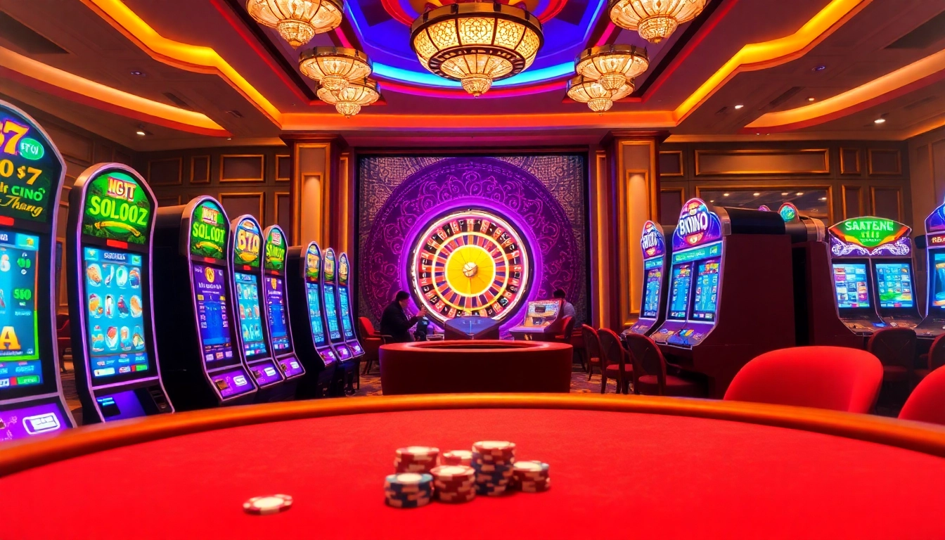 Nổ Hũ Đổi Thưởng experience as players engage with vibrant slot machines in a luxurious casino setting.