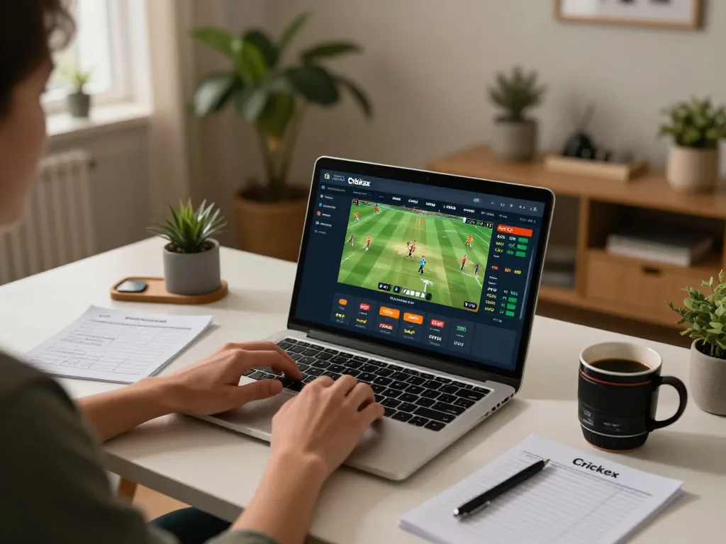 Crickex online betting experience showcasing a home setup with live cricket odds and user engagement.