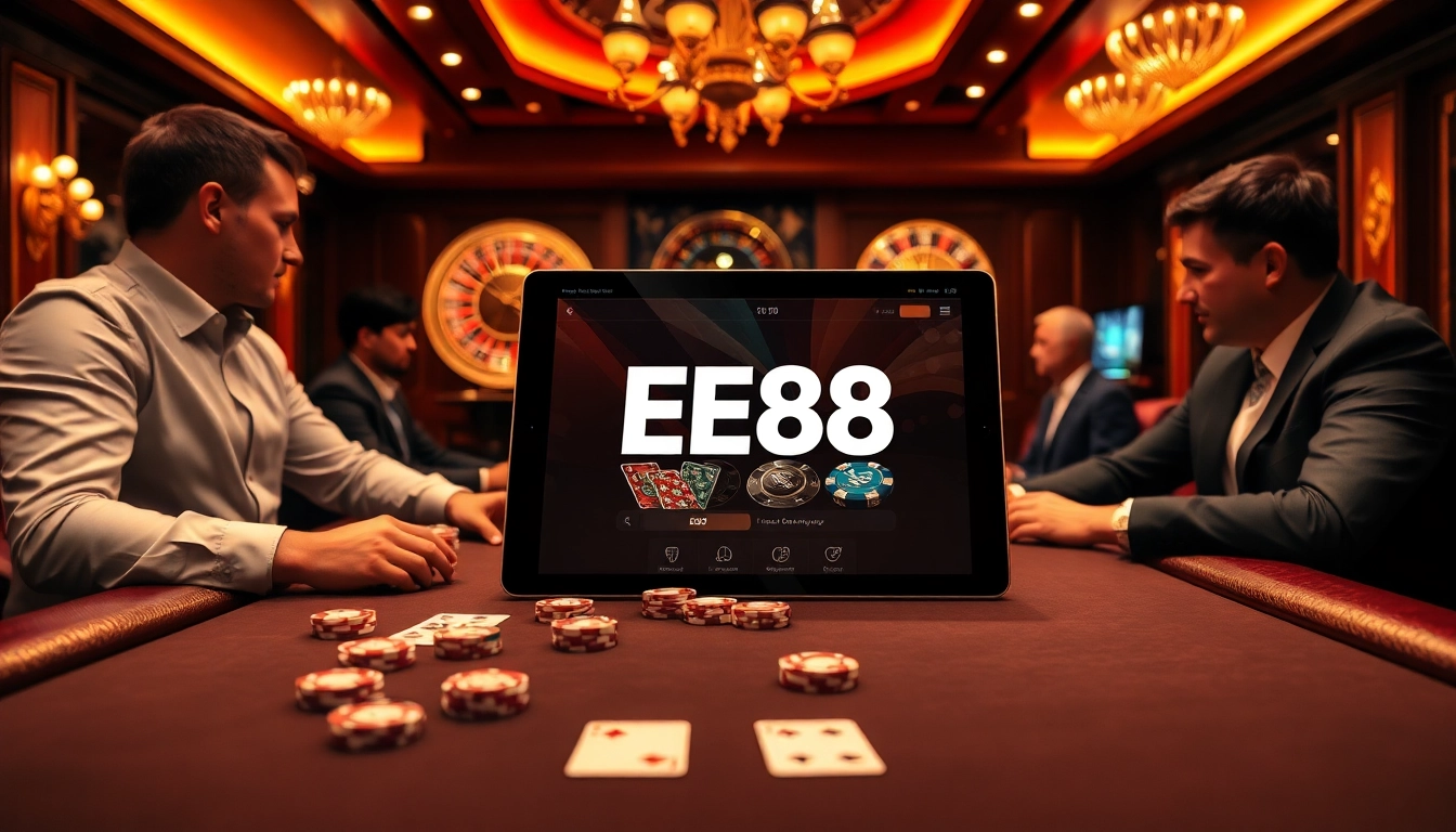 Players are enjoying an intense poker game at EE88's luxurious casino table full of chips and cards.