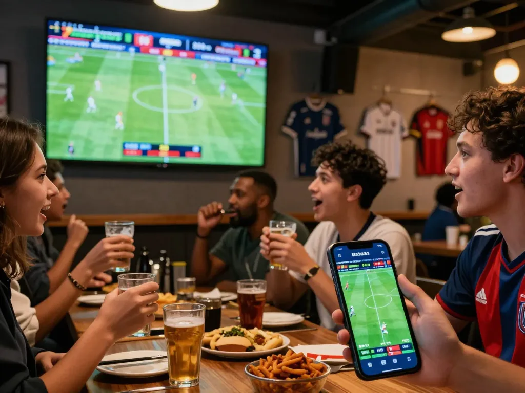 Exciting kèo nhà cái moment in a lively sports bar with fans cheering during a live football match.
