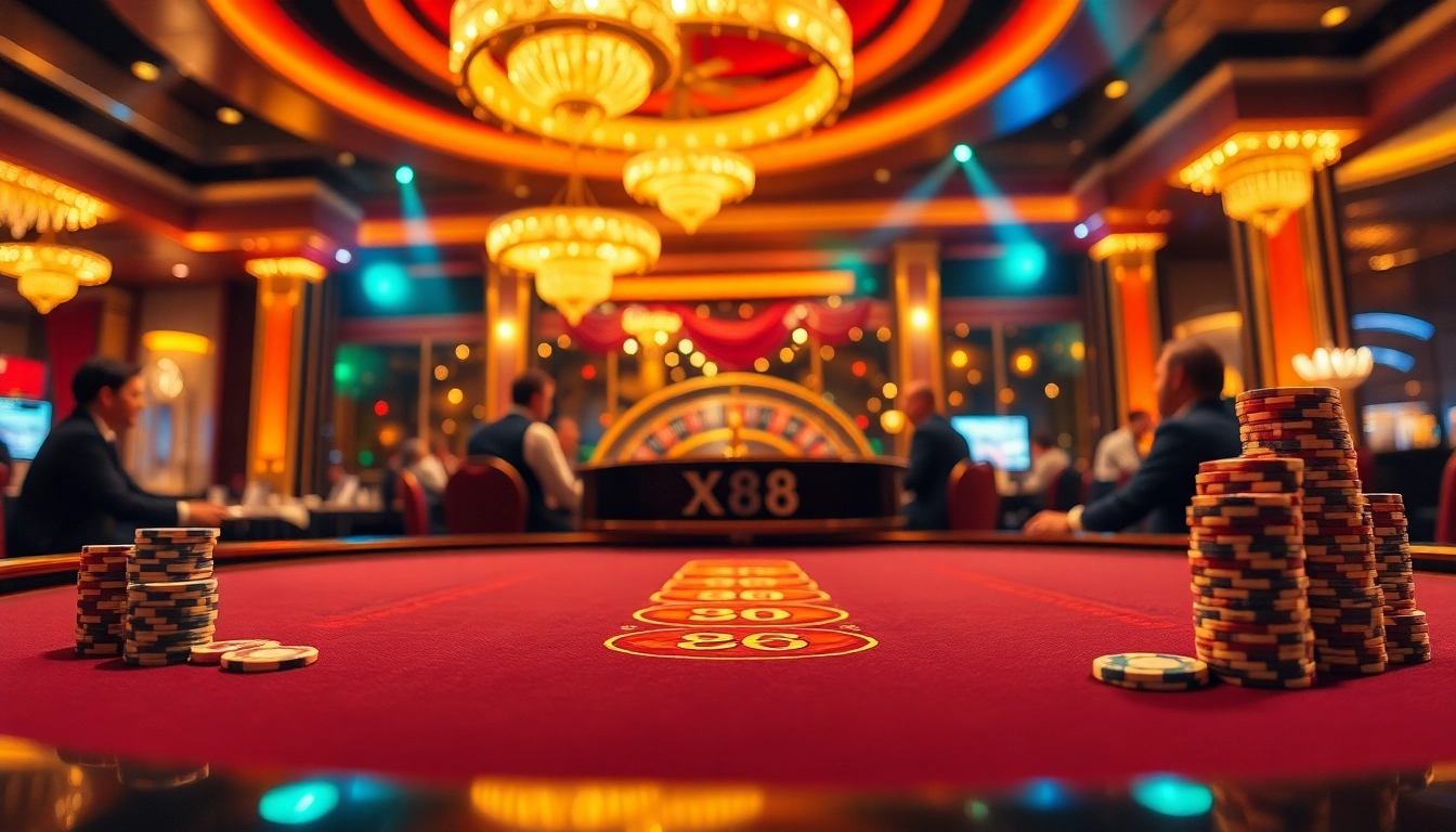 X88 table gaming atmosphere with a glamorous poker setup and spinning roulette wheel.