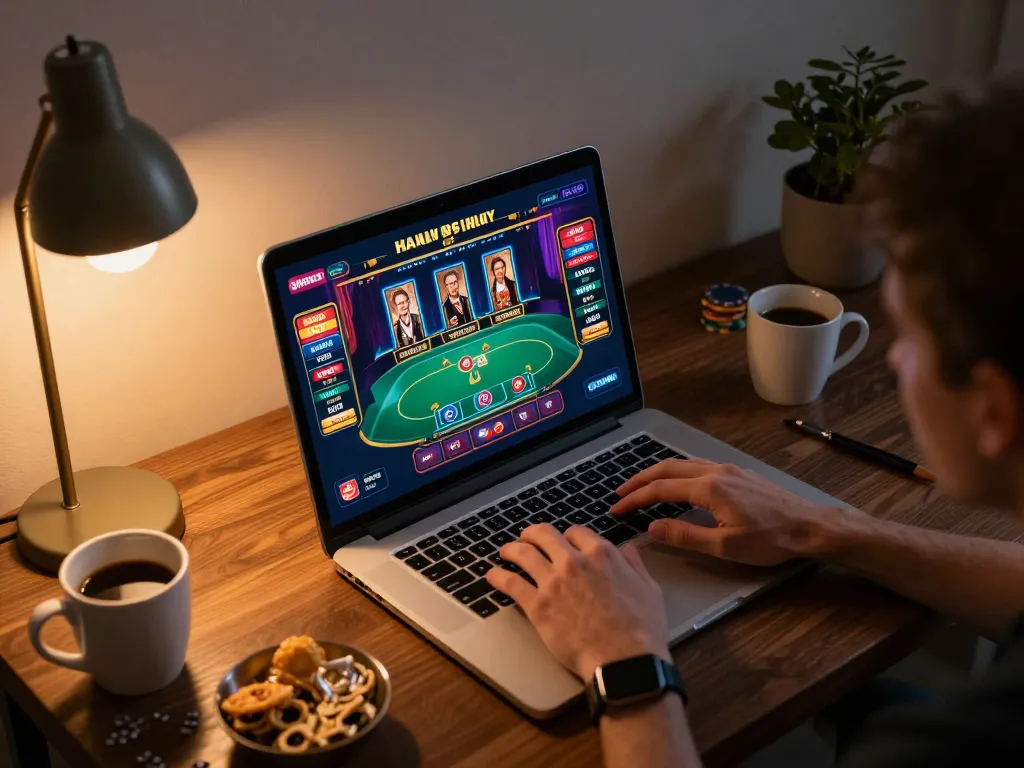 The user enjoys engaging online gaming with LV88 on a cozy setup, strategically placed snacks and beverages enhance the experience.