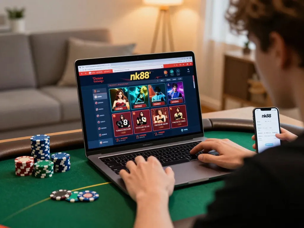 Player using nk88 online casino app on laptop amidst colorful poker chips.
