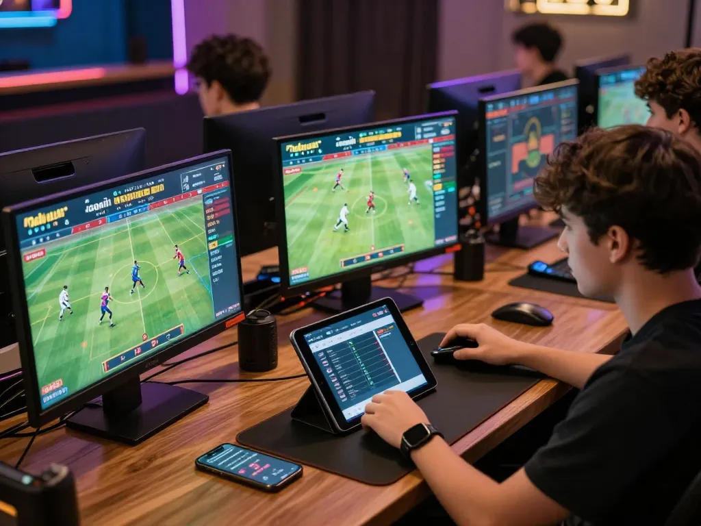 Pemain yang terlibat merencanakan judi bola online dengan beberapa layar dalam suasana permainan yang penuh warna.