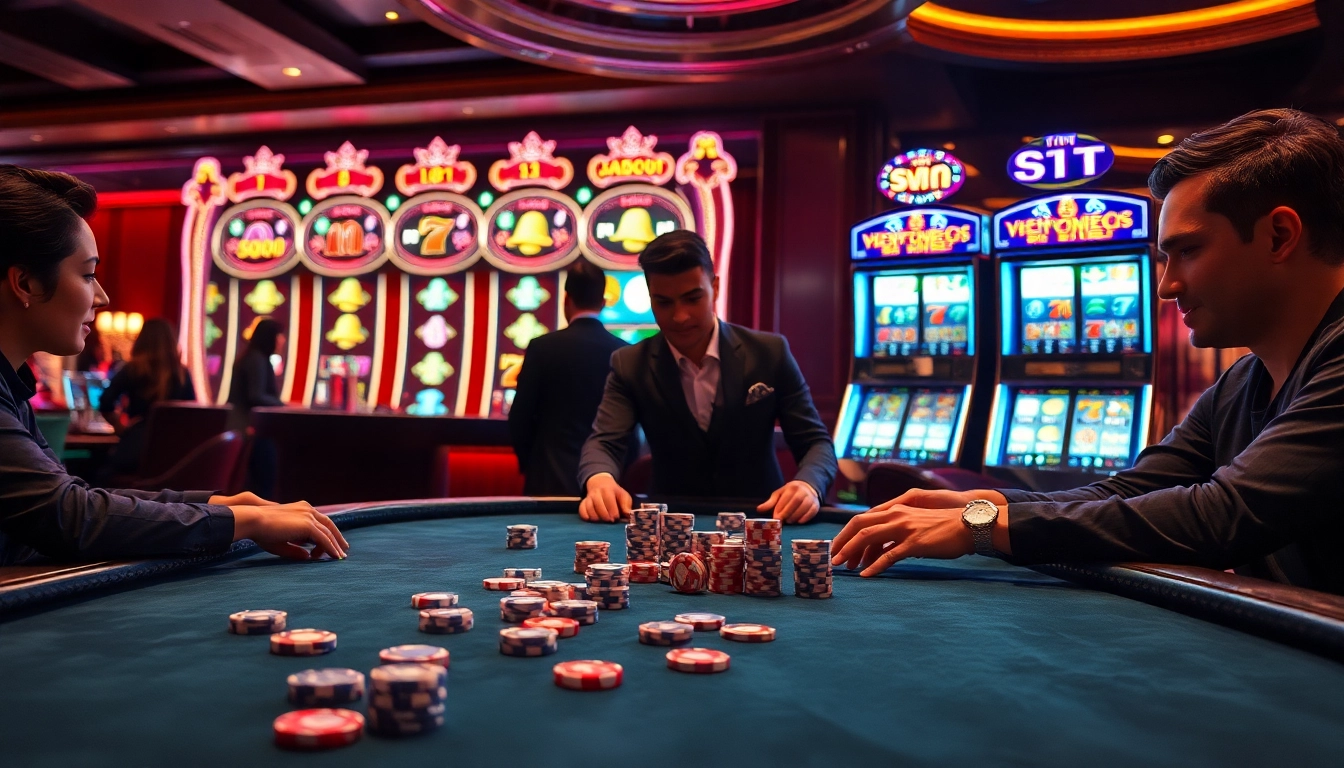 Players enjoying poker and slot machines at W88 com casino, showcasing thrilling gaming action.