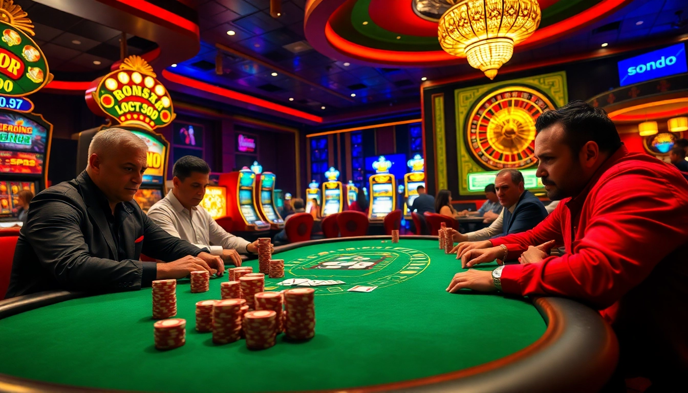 SODO casino scene with players at a high-stakes poker table, stacks of chips, and vibrant slot machines.