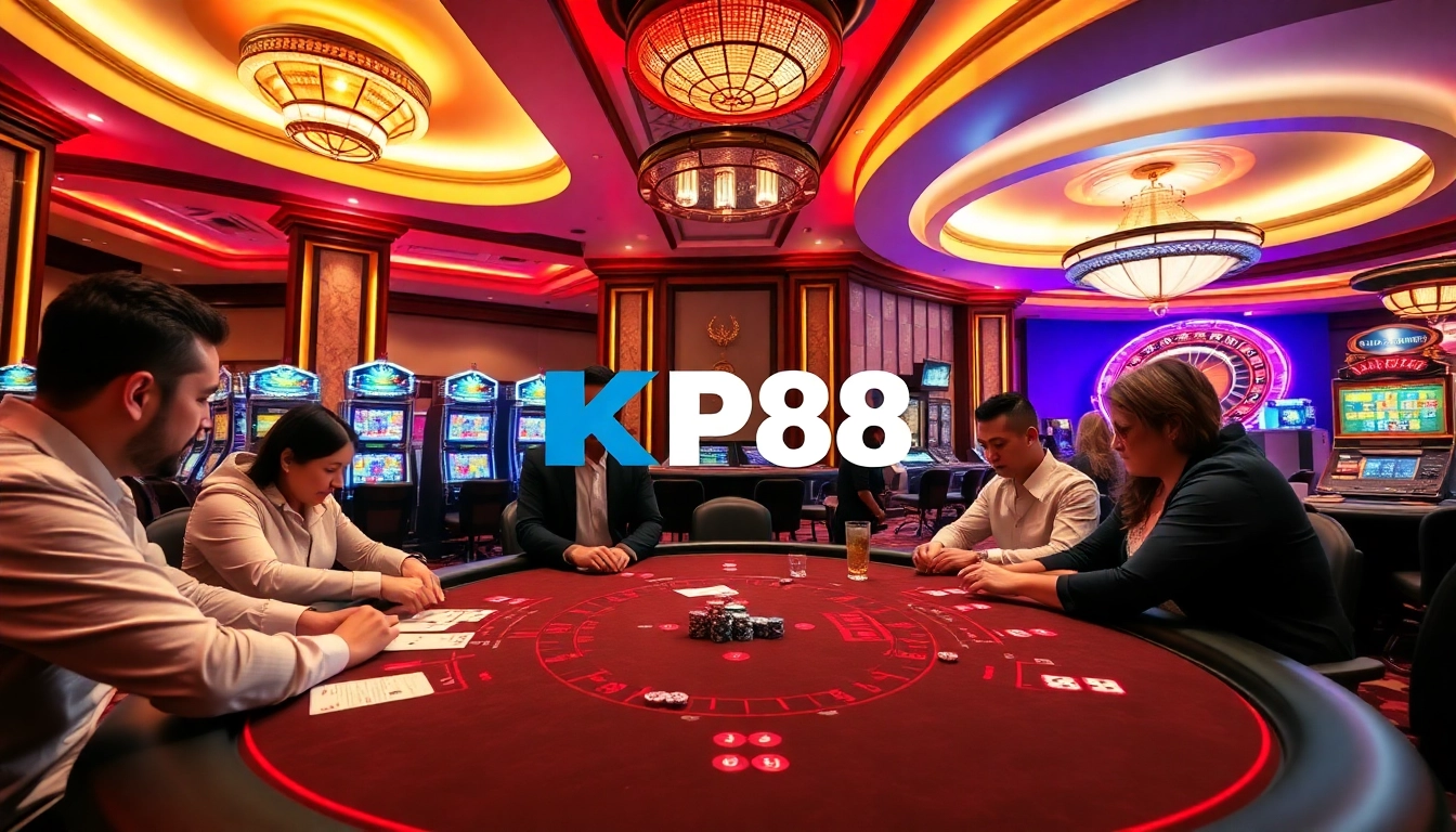 Exciting KP88 casino experience featuring players at poker tables and vibrant slot machines.