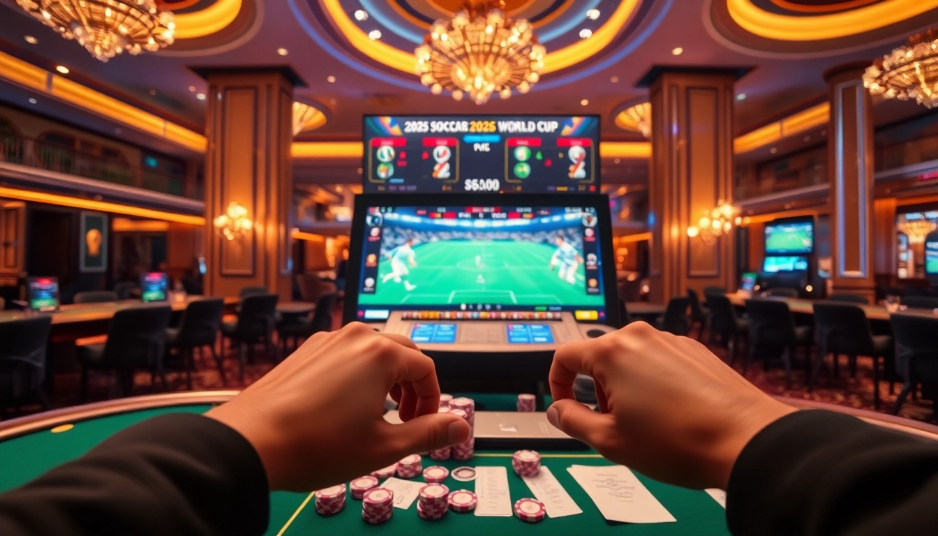 Engage in Situs Judi Bola at an upscale casino sports betting terminal, surrounded by excitement and high-stakes action.