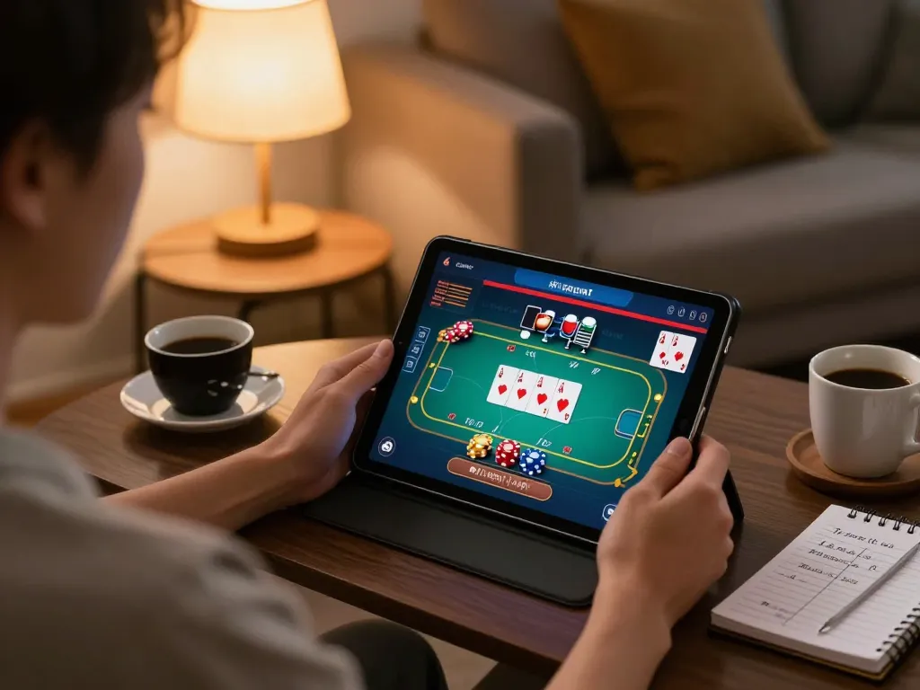 Engaged user at home gaming online with gg88 com poker interface on tablet, showcasing responsible gambling.
