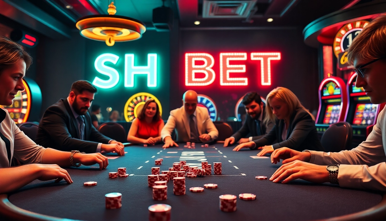 SHBET casino scene showcasing a thrilling poker game with vibrant chips and excitement.