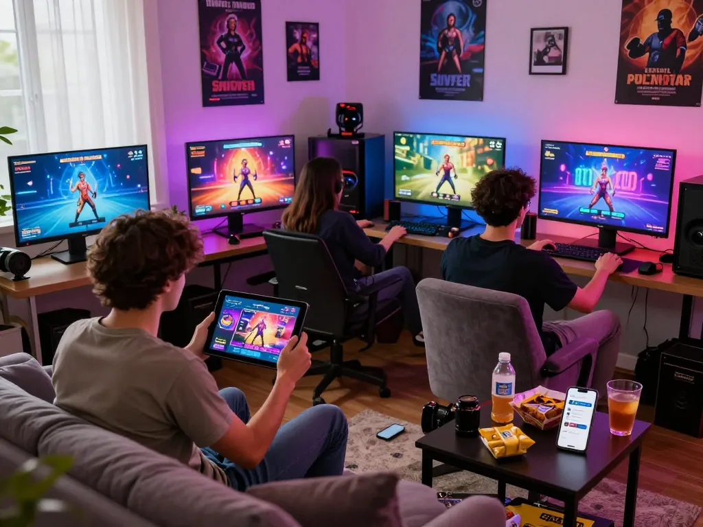 Play engaging porn games in a vibrant gaming room with immersive screens and social interaction.