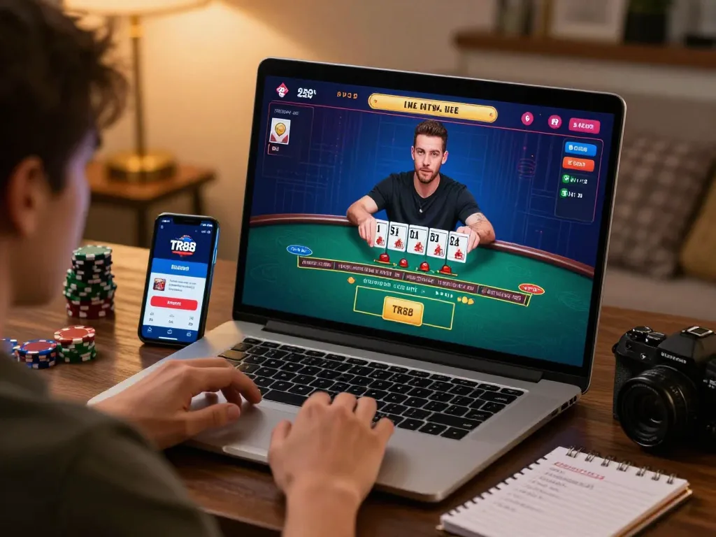 Player engaging in strategic betting on TR88 live blackjack game, focused atmosphere.
