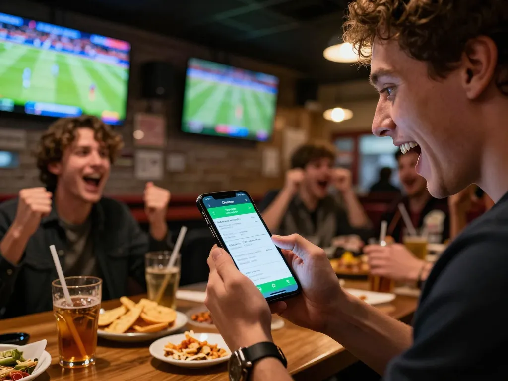 Engaging with Livechat 7meter while excitedly placing sports bets at a bustling bar.