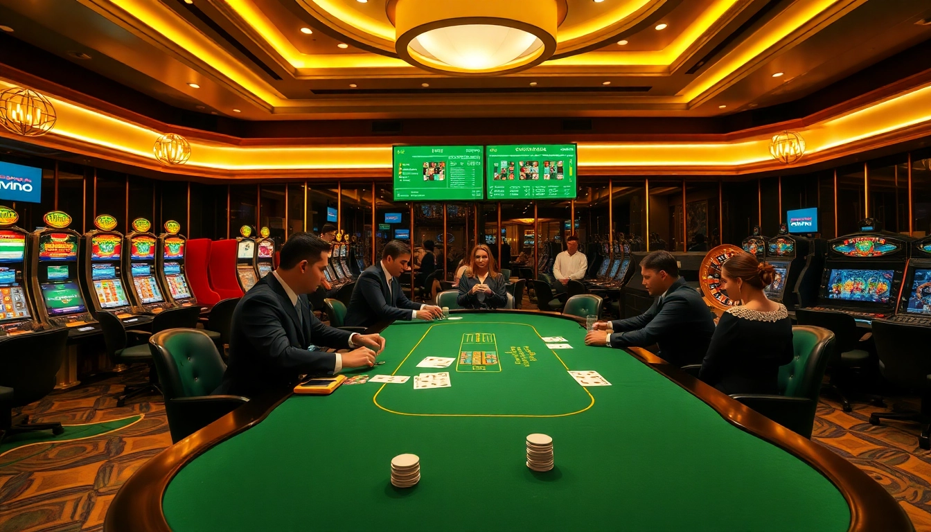 Engaged players at a professional poker table in a luxury casino, reflecting the vibrant gambling atmosphere of https://98win3h.io/.