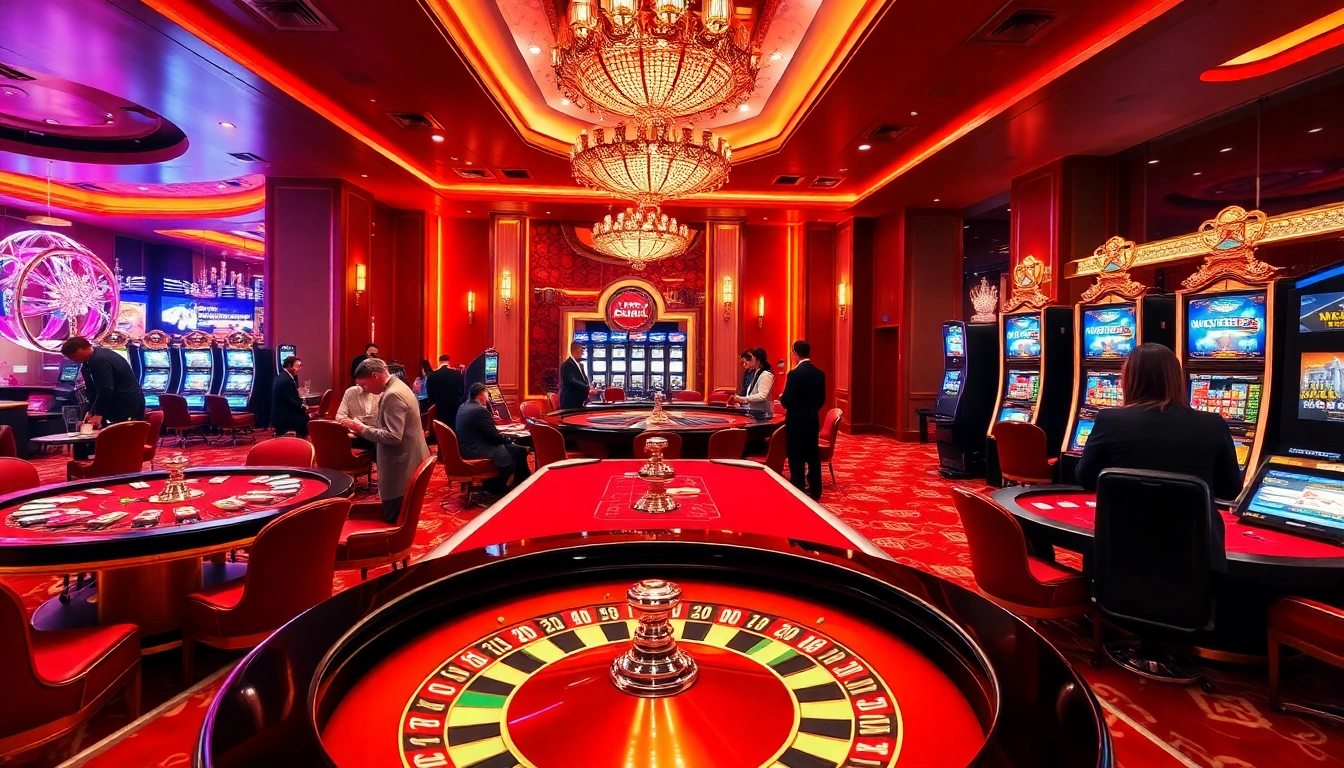 Players enjoy games at https://mb66-t.com/ in a luxurious casino atmosphere with vibrant tables and engaging action.
