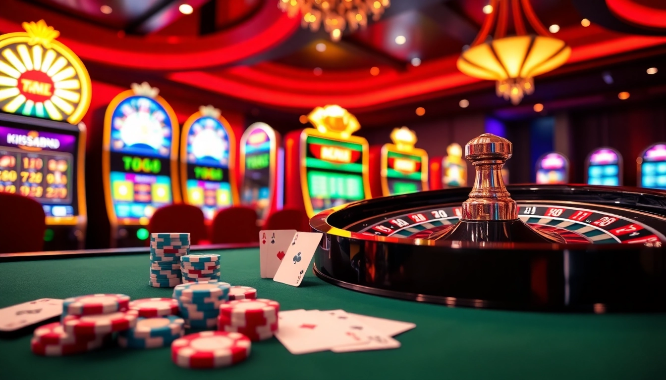 Kiss888 players enjoying a thrilling game night filled with vibrant poker chips and glowing slot machines.