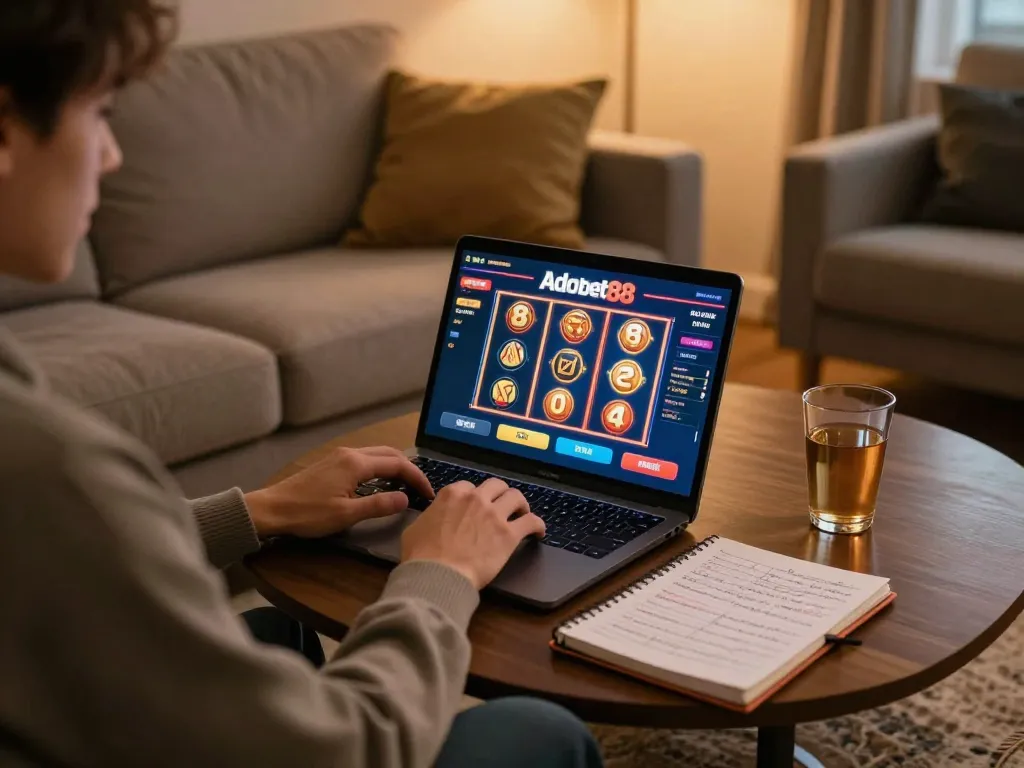 Enjoying adobet88 slot gameplay from a cozy home environment, with strategic notes and a laptop.