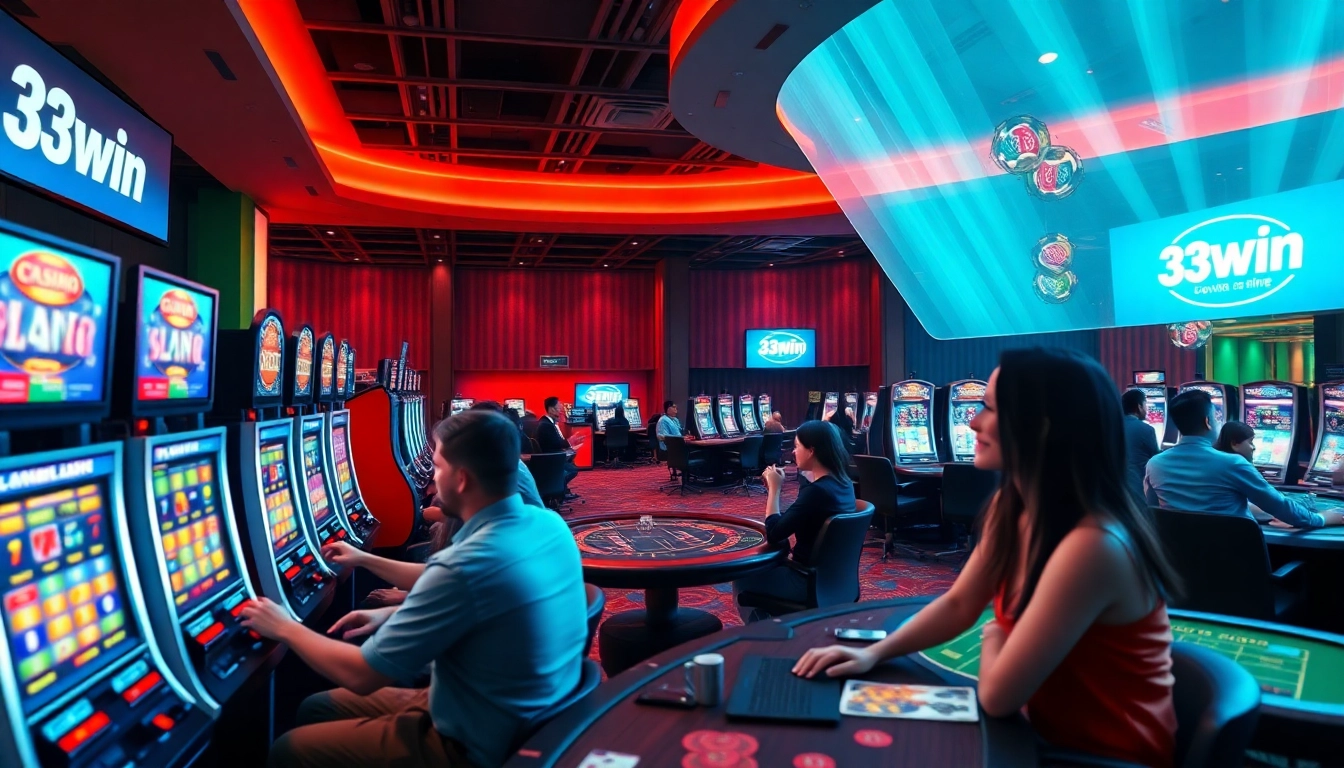33win online casino with vibrant atmosphere, showcasing players excitedly engaging in games.
