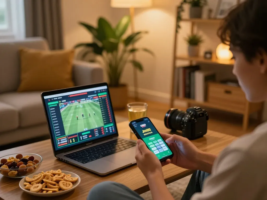 Person placing bets on the Jun88 casino app from a cozy home gaming setup