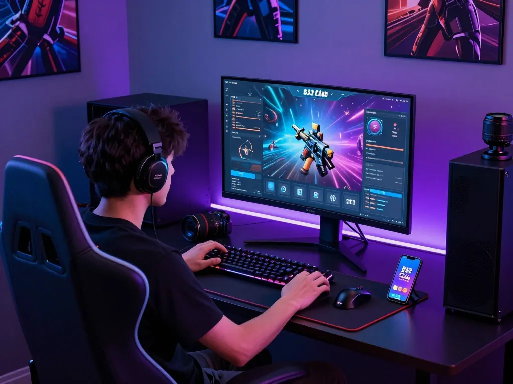 Engaging gaming scene showcasing a player downloading and playing B52 Club with vibrant gaming accessories.