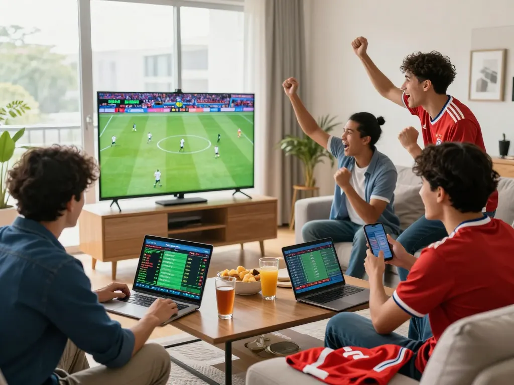 Friends engaging in kèo nhà cái while watching a live football match, surrounded by modern tech and sporting gear.