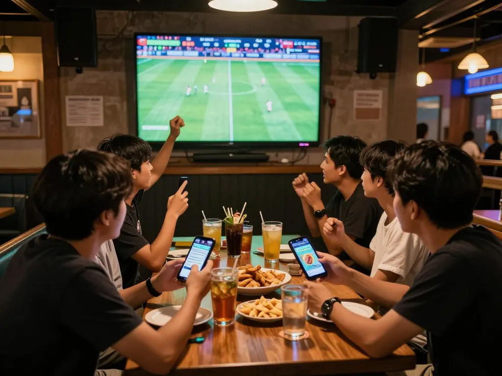Friends enjoying football while placing bets on soi keo nha cai in a lively sports bar setting.