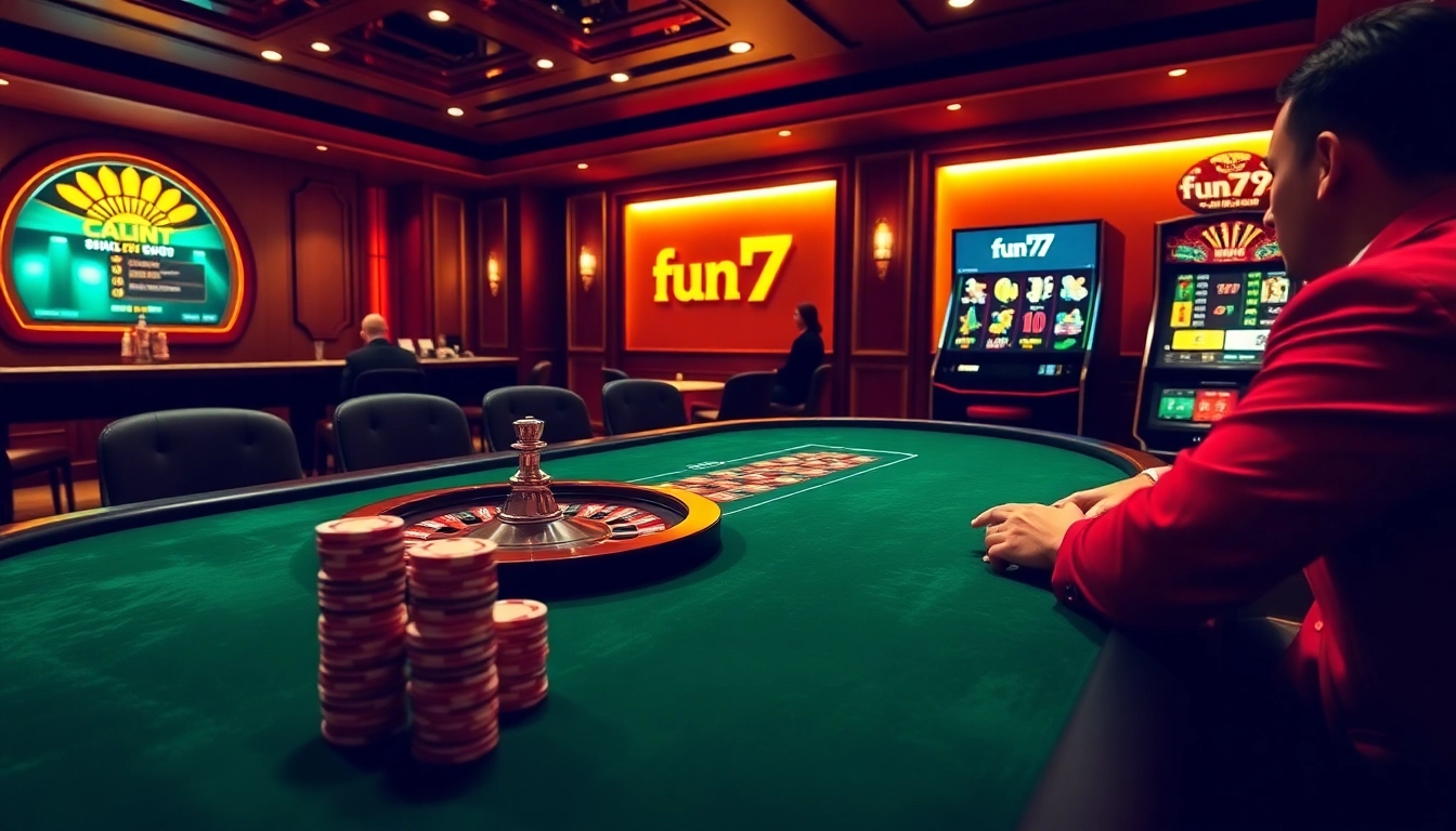 Experience thrilling gaming at fun79 with a luxurious online casino atmosphere, featuring poker, roulette, and slot machines.