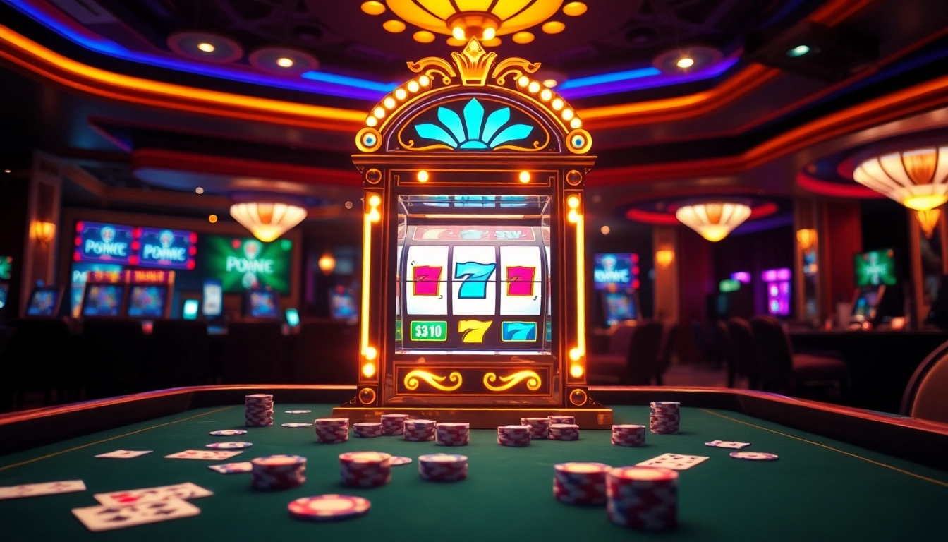 Adegan menarik pemain menikmati permainan slot di kasino yang vibrant dengan chip poker dan kartu.