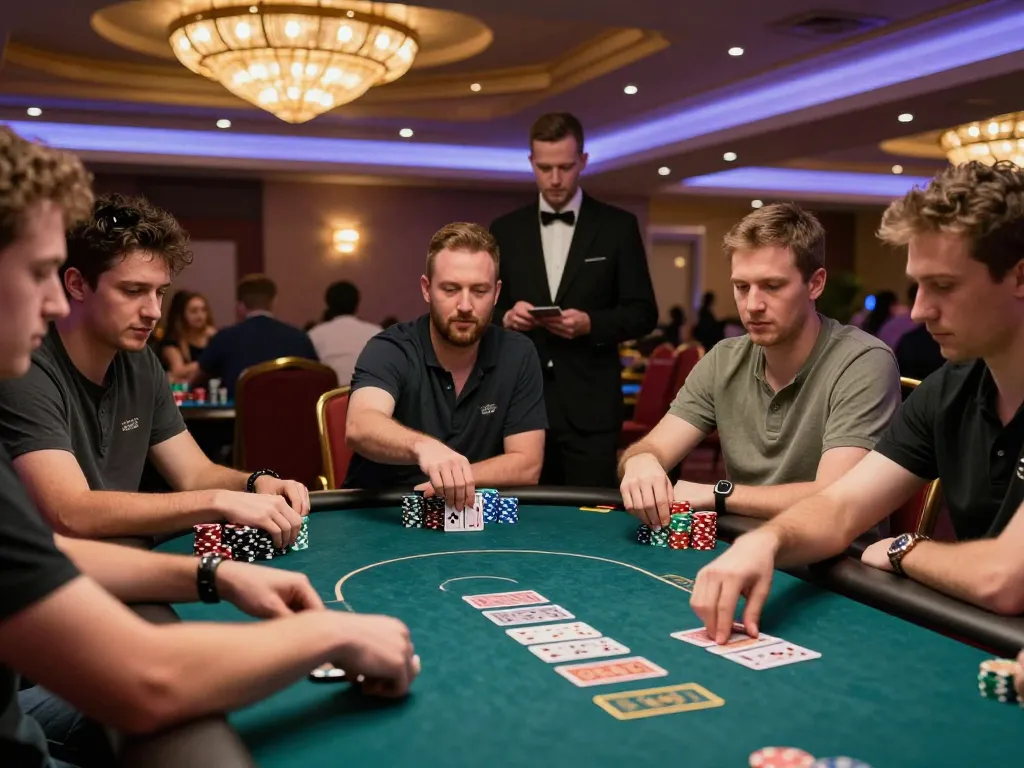 Players engaged in a poker game at https://rr88co.net/ strategizing their moves with focused expressions.