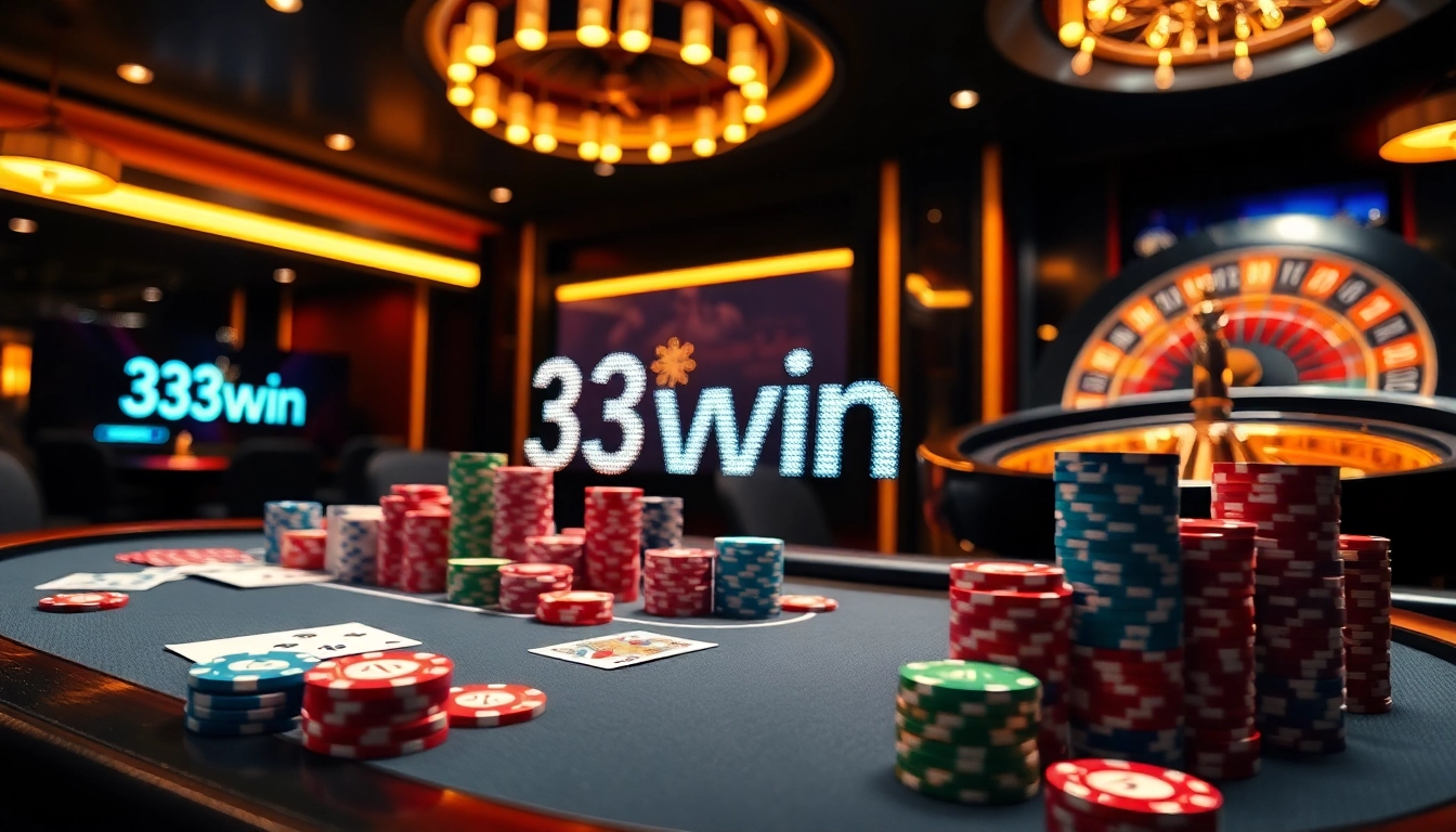 Exciting online gambling scene at 33win with poker chips, cards, and a roulette wheel.