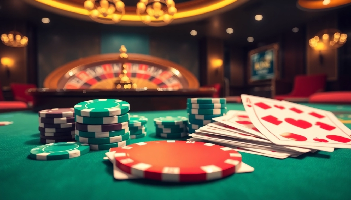 Engaging scene of Idn Poker gameplay at an upscale casino with professional poker chips and cards.