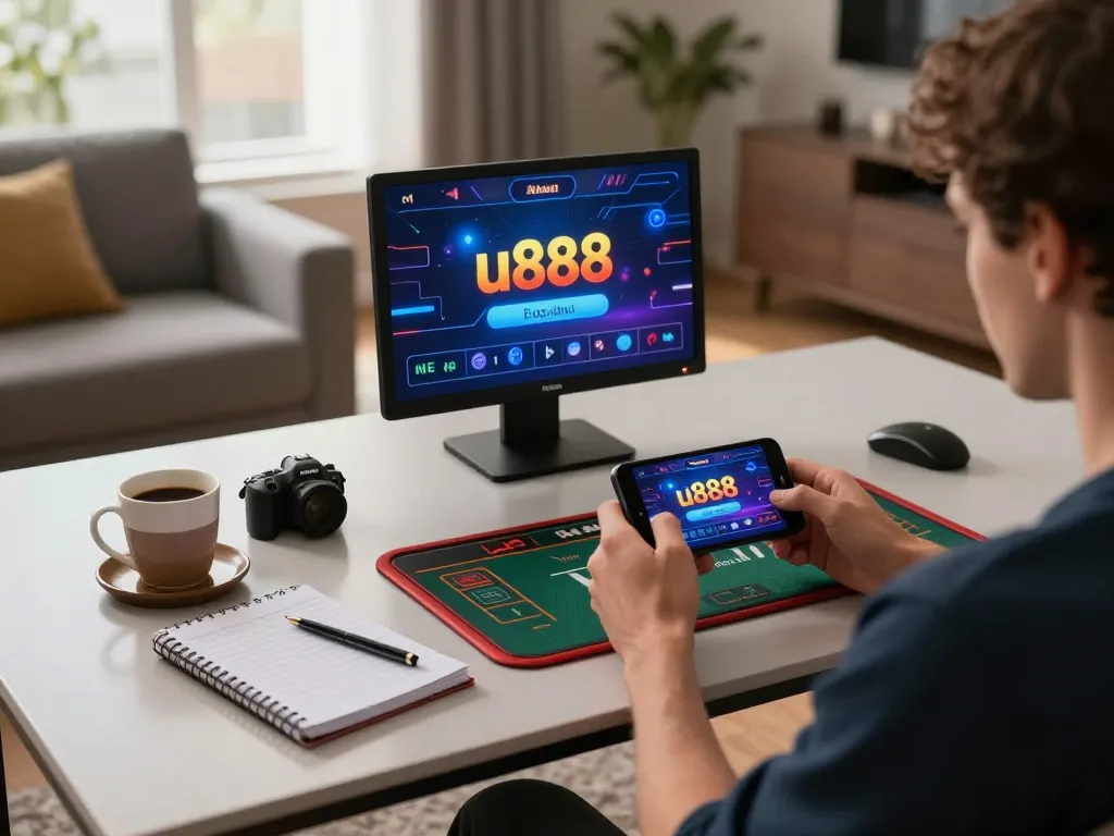 Enjoying online gaming on u888 platform with smartphone in a cozy living room setting