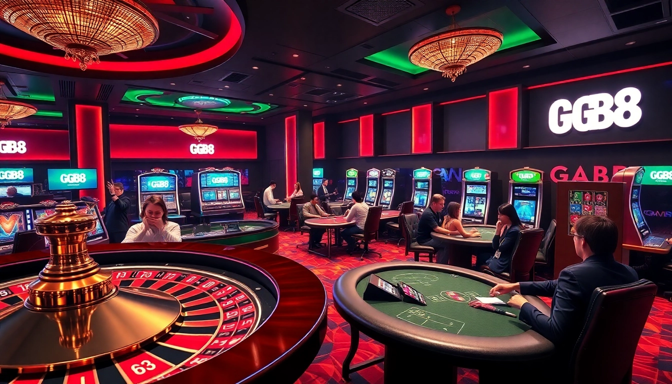 Experience the thrill of GG88 with engaged players at a vibrant casino scene featuring roulette and poker.