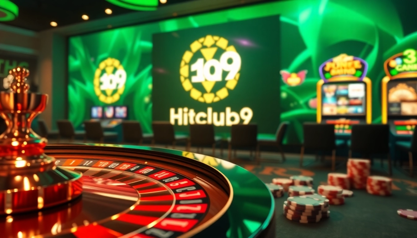 Experience thrilling gameplay at Hitclub9 with vibrant casino elements, including roulette and poker.