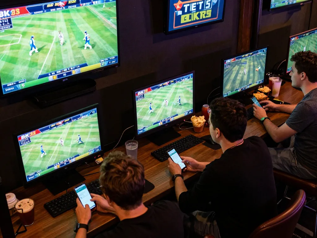 BK33 betting action with excited players engaging in cricket events on multiple screens.